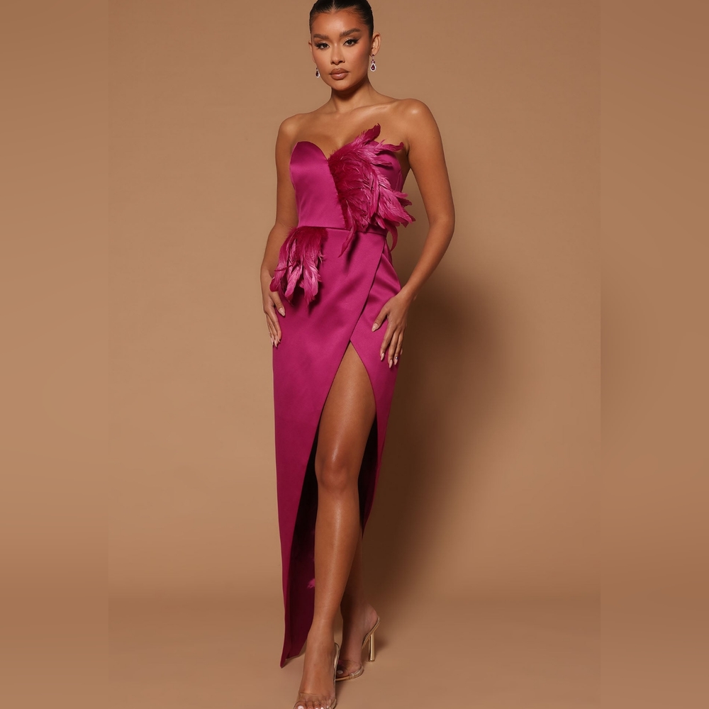 Maxi Asymmetrical dress with feather embellishments